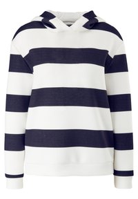 Sweat à capuche à larges rayures horizontales bleu marine et blanches, manches longues, et coupe décontractée.