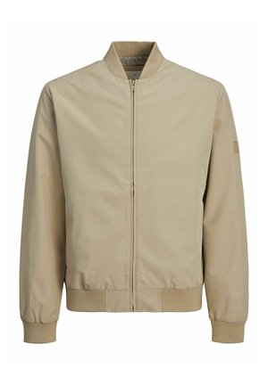Giacca bomber beige con chiusura a zip, colletto, polsini e fondo a coste. Tessuto liscio e leggero senza motivi o accenti visibili.