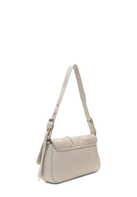 Light gray shoulder bag with a smooth leather body and textured fabric flap, features an adjustable strap and silver hardware.