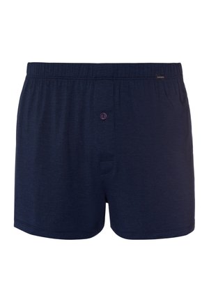 Námorně modré bavlněné boxerky s elastickým pasem, jedním fialovým knoflíkem a předním otvorem. Měkká texturu, neformální design.