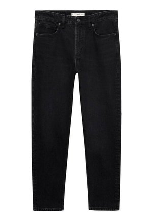 Black denim jeans with a straight-leg cut, five pockets, and a button closure. The fabric has a smooth texture with minimal fading.
