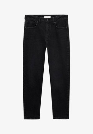 Sorte denim jeans med lige ben, fem lommer og knaplukning. Stof har en glat overflade med minimal falmning.