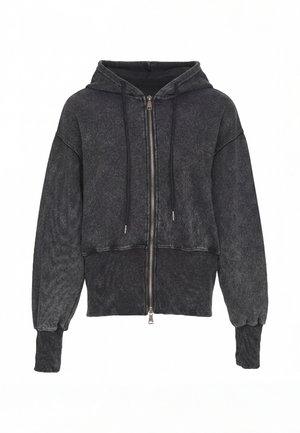 Mørkegrå lynlås-hoodie med snore, ribkantede ærmegab og let tekstureret stof.
