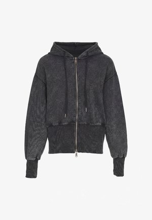Mørkegrå lynlås-hoodie med snore, ribkantede ærmegab og let tekstureret stof.