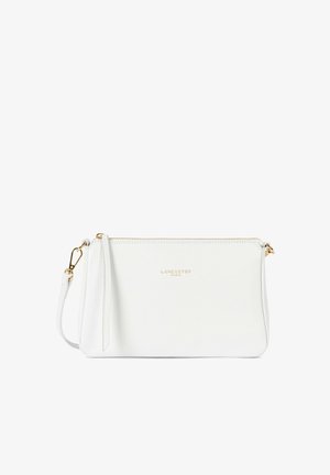 White leather clutch bag with gold zipper and detachable wrist strap, "Lancaster Paris" logo embossed in gold on front.