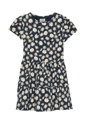 Marineblaues Kleid mit kurzen Ärmeln, weißem und pinkfarbenem Gänseblümchenmuster, tailliertem Schnitt und mehrlagigem Stufenrock.