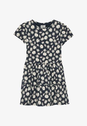 Marineblaues Kleid mit kurzen Ärmeln, weißem und pinkfarbenem Gänseblümchenmuster, tailliertem Schnitt und mehrlagigem Stufenrock.