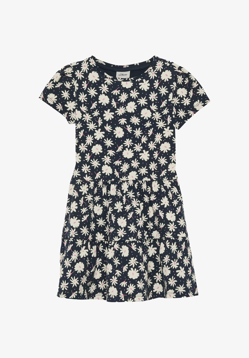 Robe bleu marine à manches courtes avec motif floral de marguerites blanches et roses, taille cintrée et jupe à volants superposés.