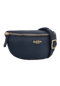 Bolso cruzado de cuero azul marino con cierre de cremallera, herrajes dorados y correa ajustable. Superficie texturizada con un sutil detalle de marca.
