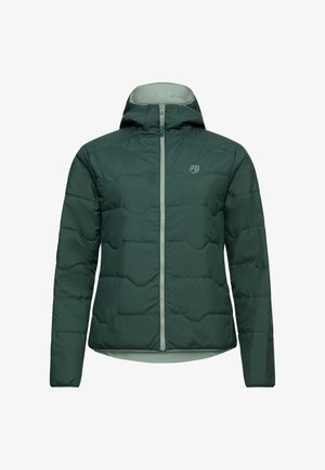 Donkergroene gevoerde jas met capuchon, voorzien van een ritssluiting aan de voorkant en een klein wit pootafdruklogo op de linkerborst, getoond op een witte achtergrond.