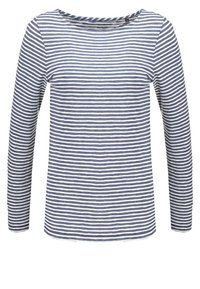 Maglietta a maniche lunghe a righe blu navy e bianche con scollatura rotonda e vestibilità rilassata. Realizzata in tessuto leggero con una consistenza morbida.