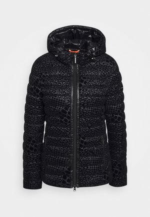 Black puffer jacket with hood and front zipper, featuring a subtle textured animal print pattern throughout.