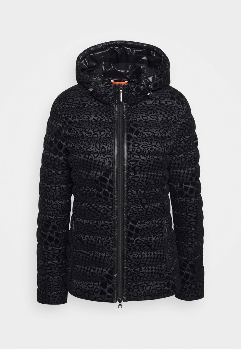 Doudoune noire avec capuche et fermeture éclair à l'avant, présentant un motif animalier texturé subtil sur l’ensemble.