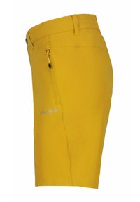 Pantalones cortos amarillos con una tela suave, que cuentan con un bolsillo con cremallera, un diseño ajustado y un logo impreso en el lateral.
