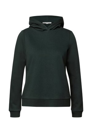 Diepgroene hoodie gemaakt van zachte, gestructureerde stof. Beschikt over een voorzak, lange mouwen en een verstelbare capuchon met trekkoord. Eenvoudig ontwerp.