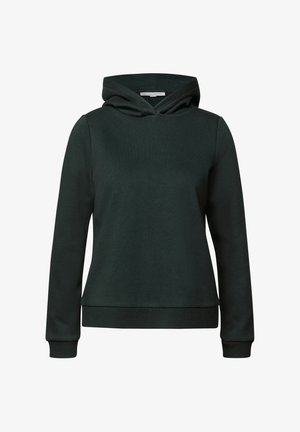 Sudadera verde oscura hecha de un tejido suave y texturizado. Presenta un bolsillo frontal, mangas largas y una capucha ajustable con cordón. Diseño simple.