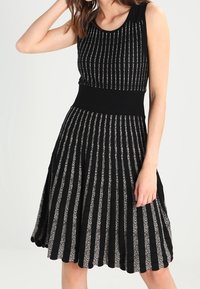 Černé šaty se stříbrným pruhovaným vzorem. Top bez rukávů s obepnutým pasem, rozšířenou sukní a texturovanou látkou.