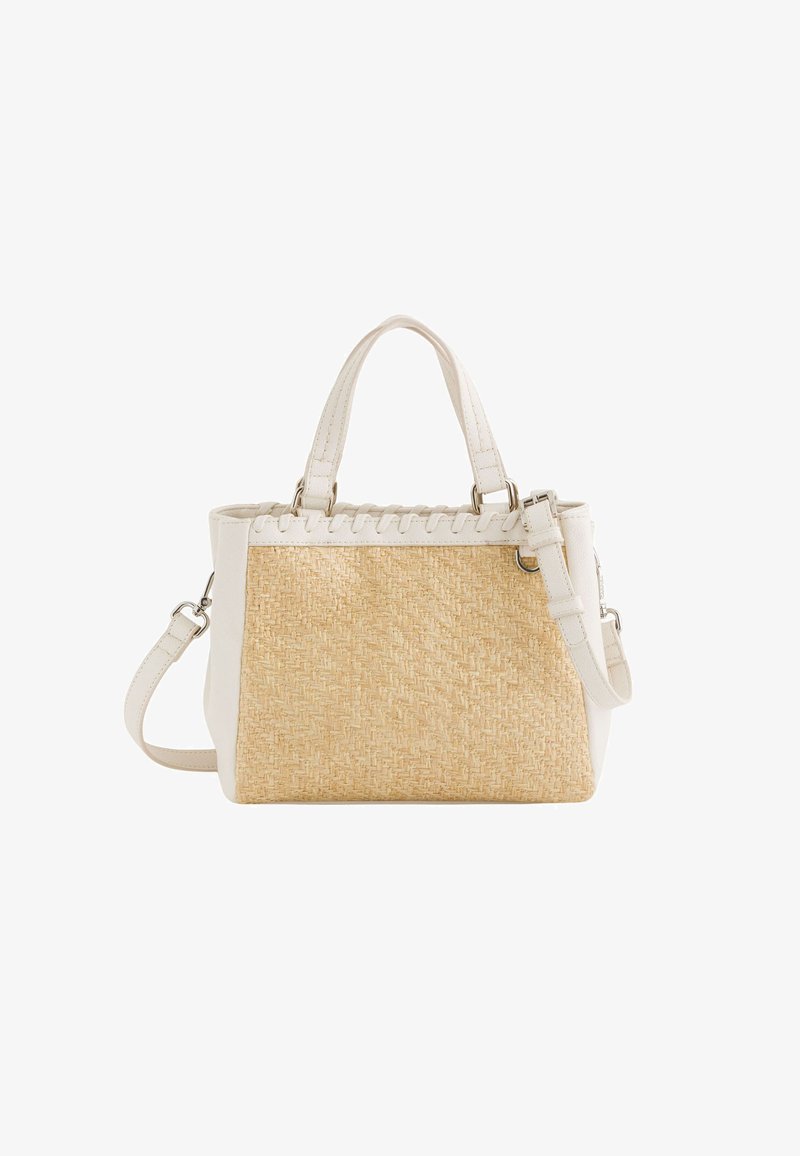 Biała torebka z plecionym, jasnobrązowym słomkowym wzorem z jednej strony, z dwoma krótkimi uchwytami i regulowanym paskiem. Udekorowana plecionymi detalami.