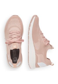 Light pink athletic shoes with mesh upper, rounded toe, and contrasting white midsole. Features laces and pull tabs for easy wear.
