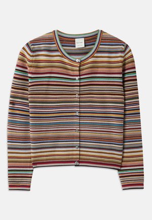 Cardigan rayé avec un col rond, présentant des rayures horizontales multicolores en rouge, brun, bleu-vert et jaune, et cinq boutons à l'avant.