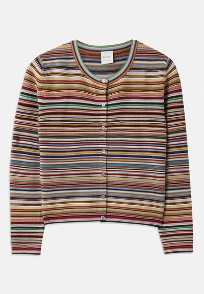 Cardigan a righe con colletto rotondo, caratterizzato da strisce orizzontali multicolori in rosso, marrone, verde acqua e giallo, e cinque bottoni frontali.