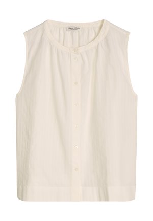 Biała bluzka bez rękawów z okrągłym dekoltem, zapięciem na guziki z przodu, delikatną pionową fakturą i metką Marc O'Polo wewnątrz kołnierza.