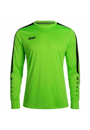 Doelkeepershirt met lange mouwen in felgroen met zwarte schouderaccenten, voorzien van een ronde hals en knoopdetails op de mouwen. Gemaakt van lichtgewicht stof.