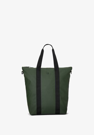 Sac cabas vert foncé avec des sangles verticales noires qui s’étendent en poignées et un petit logo au centre devant.