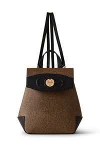 Brown and black textured backpack with black straps, a top handle, and a gold circular clasp on the front flap.