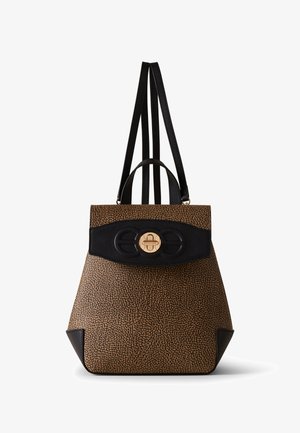 Brown and black textured backpack with black straps, a top handle, and a gold circular clasp on the front flap.