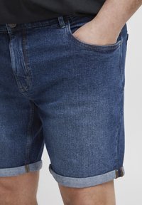 Mörkblå denimshorts med en sliten design, utrustade med uppvikta fållar, två fickor fram och en metallknäppning.