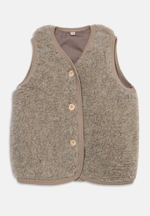 Beige sleeveless buttoned vest with a soft, textured, wool-like fabric and rounded neckline.
