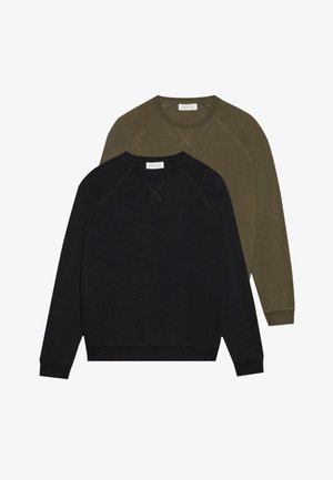 To sweatshirts med rund hals, en sort og en olivengrøn, med raglanærmer og synlig syning. Blødt stof, ingen mønstre.