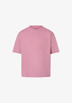 Rosa kurzärmliges T-Shirt aus weichem Material, mit einer Brusttasche und einem lässigen Schnitt. Einfaches Design ohne Muster oder Akzente.