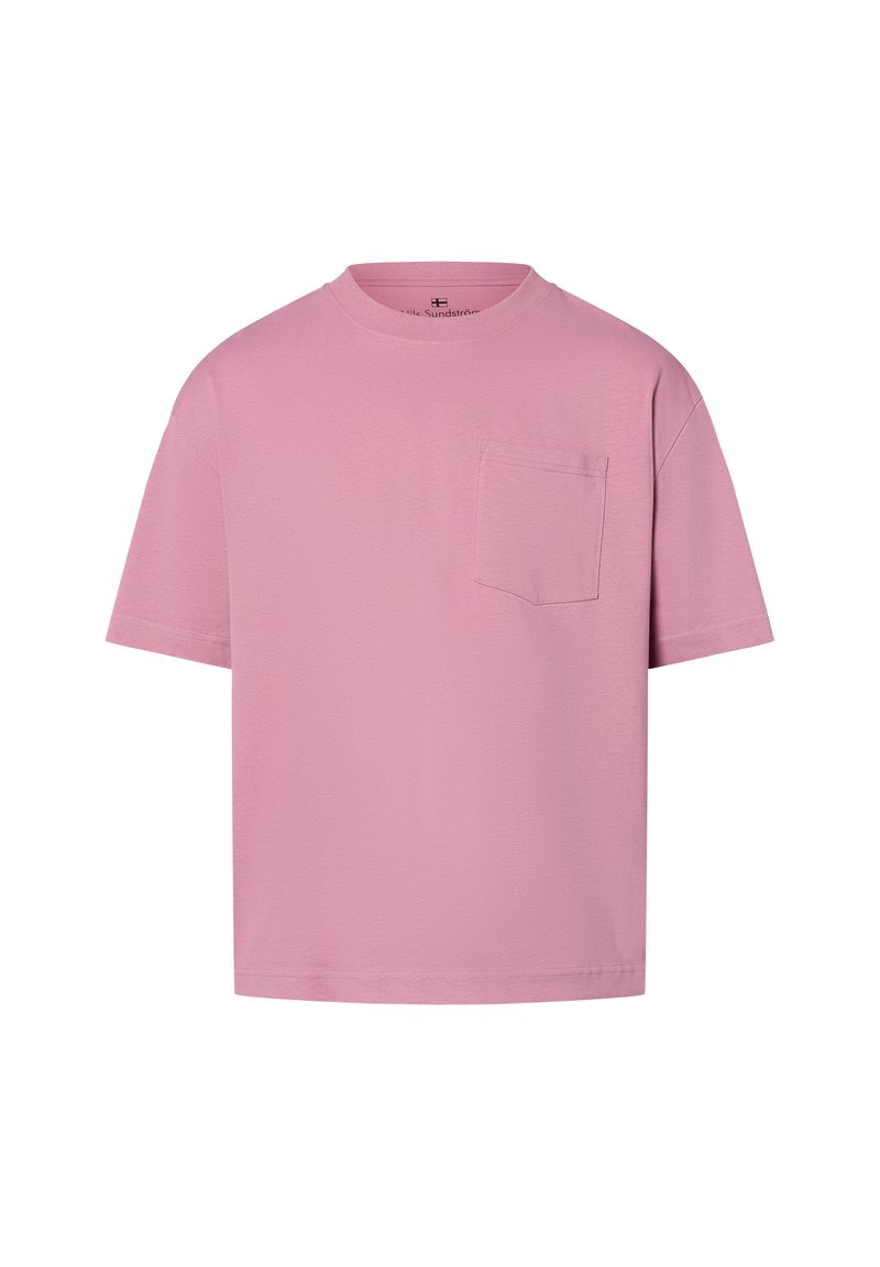 Rosa kurzärmliges T-Shirt aus weichem Material, mit einer Brusttasche und einem lässigen Schnitt. Einfaches Design ohne Muster oder Akzente.