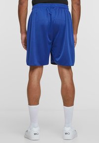 Blå treningsshorts laget av pustende meshmateriale, med elastisk midje og løs passform. Ingen lommer eller synlige logoer.