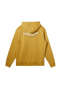 Yellow sweatshirt with a hood, featuring a large Quiksilver logo in white on the back. Soft fabric, long sleeves, and ribbed cuffs.