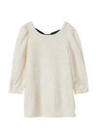 Kurzärmliges, cremefarbenes Kleid aus texturiertem, mit Pailletten bedecktem Stoff, mit quadratischem Ausschnitt und ausgestellten Ärmeln. Besitzt ein schwarzes Rückendetail.