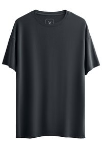 T-shirt nera a maniche corte con scollo rotondo, realizzata in tessuto morbido. Presenta una vestibilità rilassata e un design minimalista senza accenti aggiuntivi.