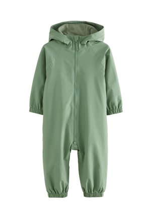 Combinaison de neige bébé une pièce verte avec capuche, fermeture éclair avant et poignets élastiques aux manches et aux jambes.
