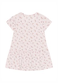 Kurzarmkleid aus hellrosa Stoff, versehen mit einem floralen Muster in Lila und Gelb. Der Rock hat geraffte Details für zusätzliches Volumen.