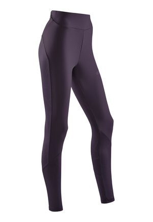Purple athletic leggings featuring a high waist, smooth texture, and contrasting side panels with a subtle marbled pattern.