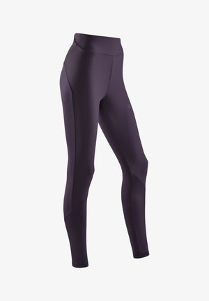 Purple athletic leggings featuring a high waist, smooth texture, and contrasting side panels with a subtle marbled pattern.