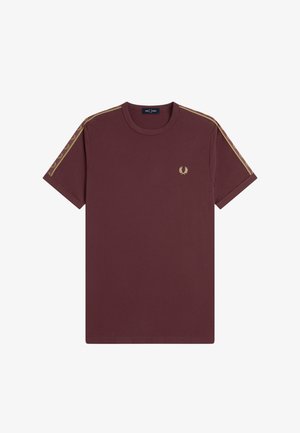 Dunkelrotes Kurzarm-T-Shirt mit goldenem Lorbeer-Logo auf der Brust und goldenen Lorbeer-Streifen entlang der Schultern und Ärmel.