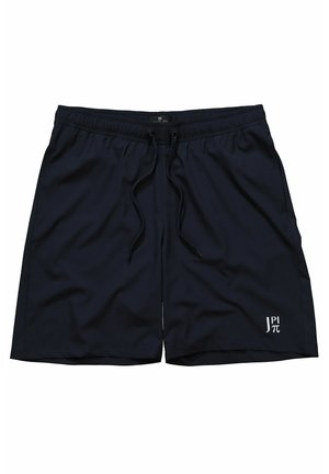 Morskie szorty pływackie wykonane z lekkiego materiału, z elastycznym paskiem w talii i sznurkiem do regulacji oraz białym logo na brzegu.