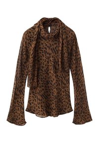 Leopardenmuster Langarmshirt in Braun und Schwarz. Hergestellt aus weichem, transparentem Stoff mit einem fließenden Design und ausgestellten Ärmeln. Krawatten-Detail am Hals.