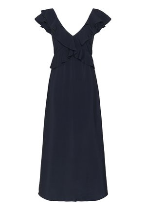 Tumesinine varrukateta kleit sügava V-kaelusega ja kihiliste volangidega ülakehal, ulatudes kuni keskjala pikkuseni.