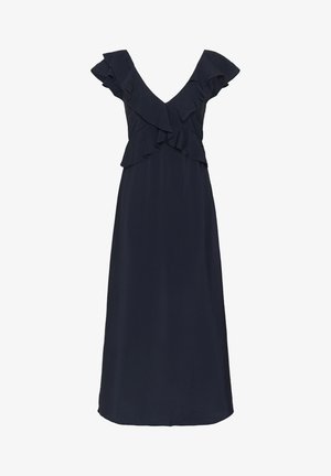 Laivastonsininen hihaton mekko, jossa on syvä V-pääntie ja kerrokselliset röyhelöt yläosassa, ulottuu midimittaisen helman pituuteen.