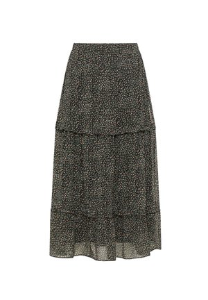 Fustă midi neagră cu design în straturi, decorată cu flori mici albastre și roz. Țesătură ușoară cu o textură fluidă, semi-transparentă.