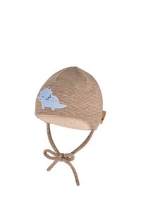 Brown striped baby hat with a soft fleece lining, featuring a light blue embroidered dinosaur design and ties for secure fitting.